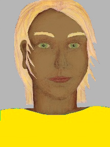 a portrait of a person with caramel skin, blonde hair, and a golden yellow coloured shirt