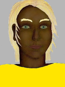 a portrait of a person with chocolate skin, blonde hair, and a golden yellow coloured shirt