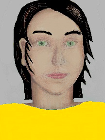 a portrait of a person with cream skin, black hair, and a golden yellow coloured shirt