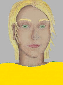 a portrait of a person with cream skin, blonde hair, and a golden yellowl coloured shirt