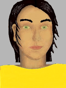 a portrait of a person with golden skin, black hair, and a golden yellow coloured shirt