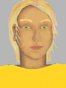 a portrait of a person with golden skin, blonde hair, and a golden yellow coloured shirt