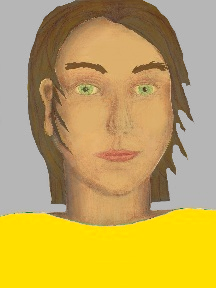 a portrait of a person with golden skin, brown hair, and a golden yellow coloured shirt