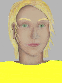 a portrait of a person with cream skin, blonde hair, and a yellow coloured shirt