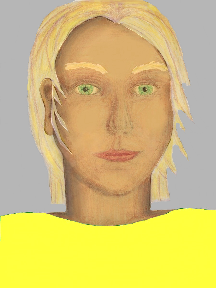 a portrait of a person with golden skin, blonde hair, and a yellow coloured shirt