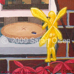 Finders Keepers, a golden fairey nibbles a pie cooling on a window ledge