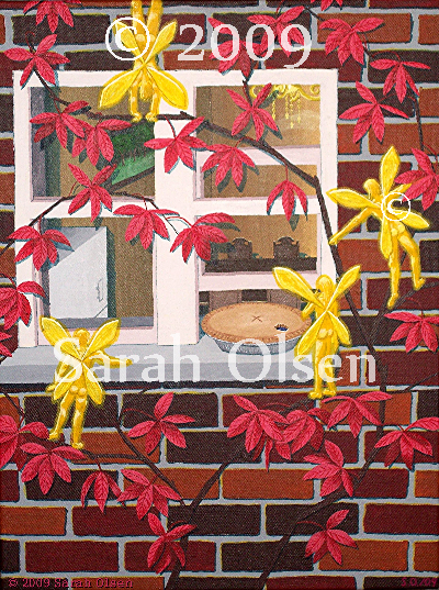 glowing yellow fairies nibble a pie set to cool on a window ledge, a kitchen can be seen through the window and around the window are red bricks and a vine with red leaves