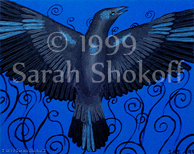 A beautiful crow beats its wings over a blue backdrop with black swirling lines. The bird’s vast wingspan displays rows of feathers; some highlighted with a shimmering silver blue. The crow’s eye shines like a polished gem.