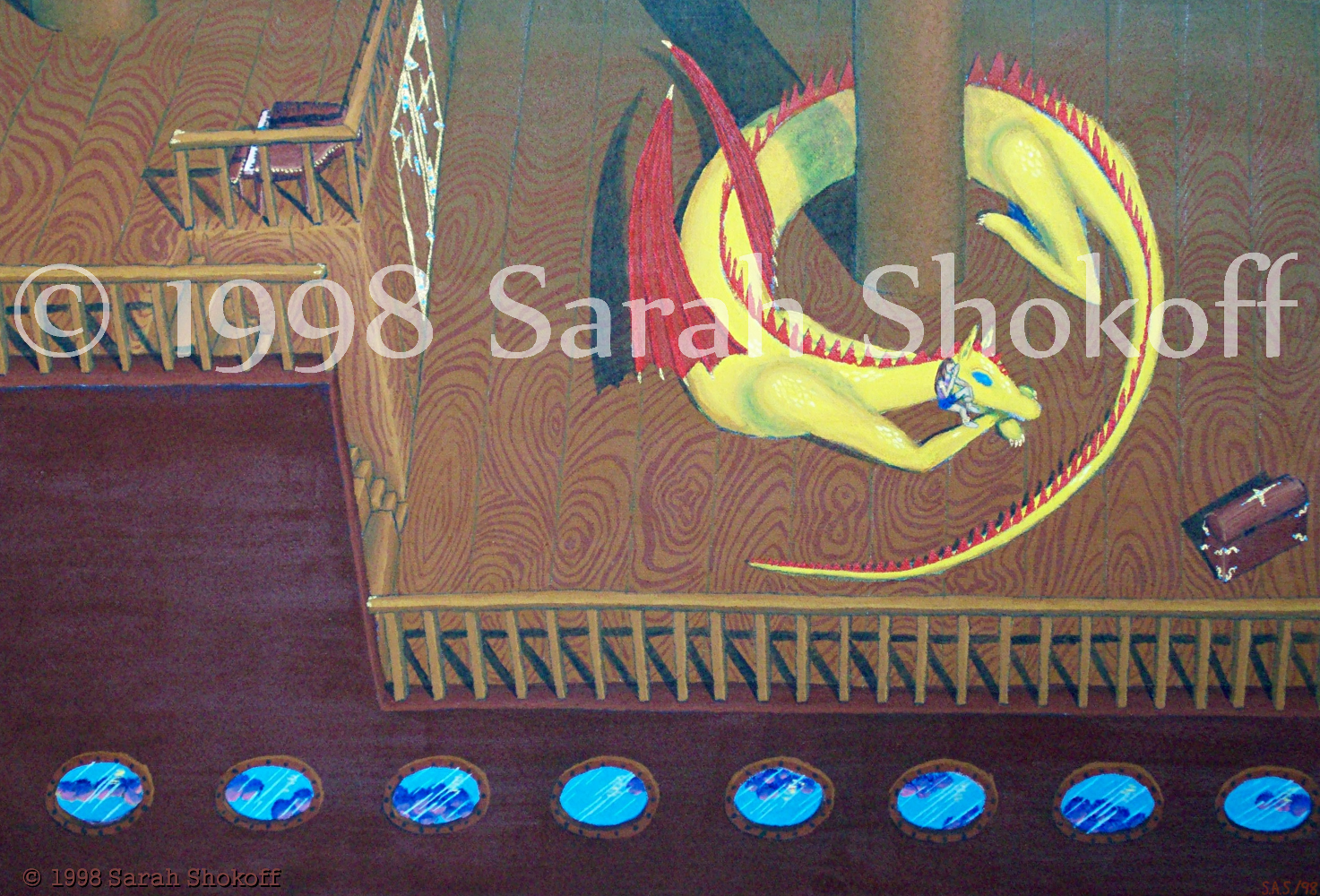 A human girl whispers in the ear of a giant yellow and red dragon. The dragon lies around the mast of a massive sailing ship. On the deck the broad planks show the whirls of the wood they were cut from. The deck is bordered by a wooden railing. Stairs lead up to a higher deck and a golden doorway marks the entranceway to below deck. While the ship is sized for the dragon a treasure chest and a piano proportionate to the human can be seen. Portholes line the bottom of the painting reflecting blue sky and the pink and blue hued clouds of a fantasy world.