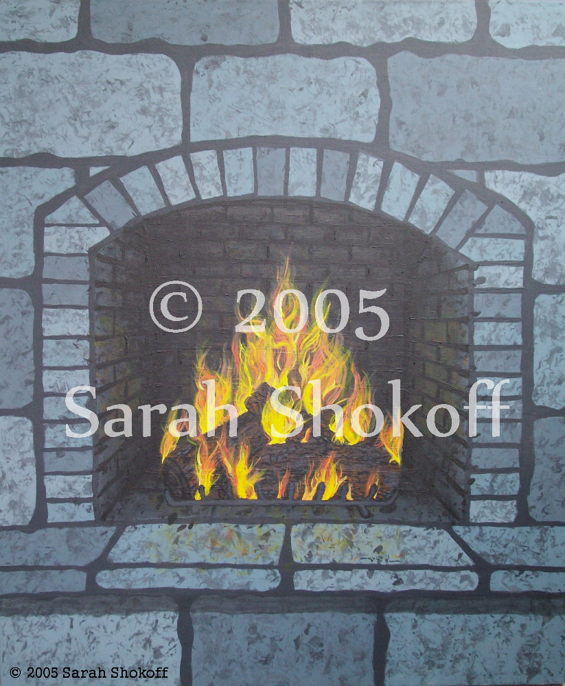 Grey-blue bricks surround a fire pit. Orange and yellow flames waver over wide logs.