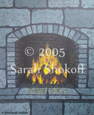 a grey bricked fireplace with a roaring fire