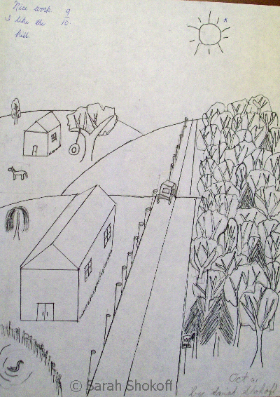 sketch of a hilly road through scenic farmland