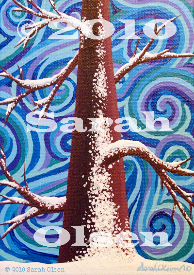 a tree in winter with snow clinging to its trunk and branches with a background of swirling blue and purple lines