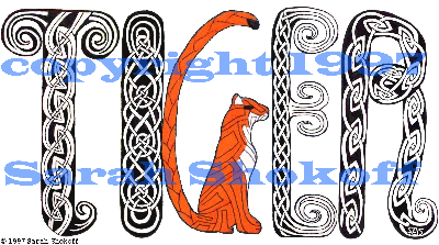 the word tiger is made up of four kinds of celtic knotwork in black and white and an orange tiger