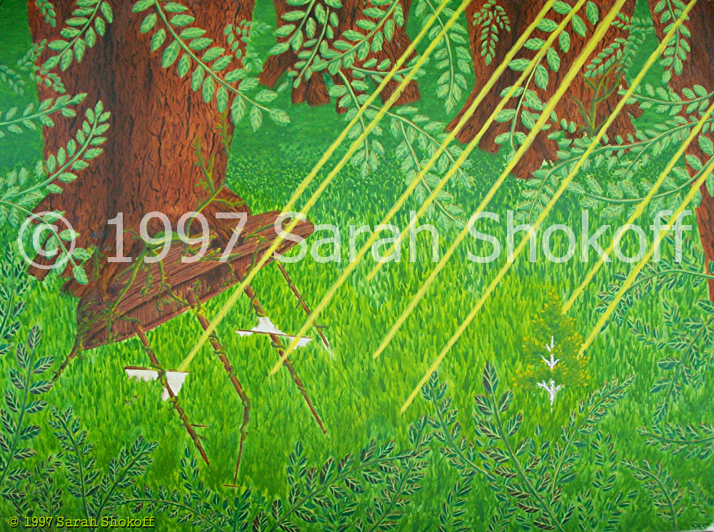 The remains of a sailboat lie on the forest floor - mostly intact. There are even the tattered remains of two of the sails. An enormous tree has sunken its roots right down through the body of the ship. A vine is wrapped around the ship from bow to stern. Brilliant sun beams reach down through the foliage. The painting is framed by the tree leaves.