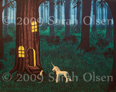 a white unicorn and a white cat meet at the steps of a tree home . Golden light shines from the door and windows in the tree and the surrounding woods are dim with the twilight hour