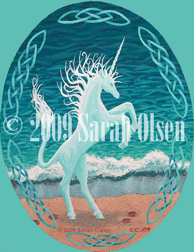 A beautiful turquoise unicorn rears up at the edge of the waves. The unicorn’s hair is flung out in wild curves and spirals. Hoof prints mark the sand by the foamy wave going out to sea. Celtic knot work frames the picture.