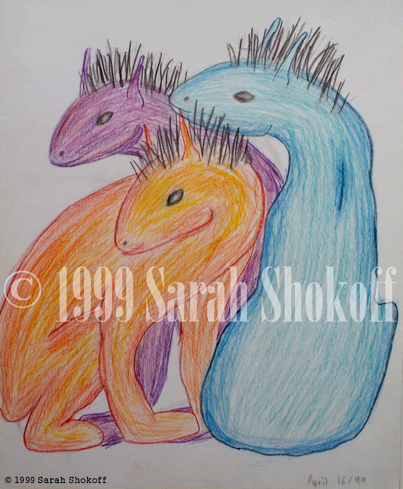 Three adorable fantasy creatures turn their heads to watch something of interest. They have feline bodies and dragon-like heads toped with spiky black hair. This work was done as a sketch and individual pencil crayon strokes can be seen.