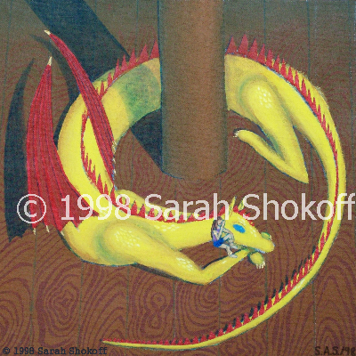 A human girl whispers in the ear of a giant yellow and red dragon. The dragon lies around the mast of a massive sailing ship.