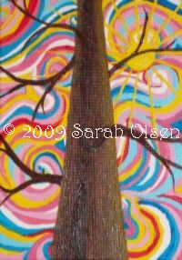 tree trunk and limbs are painted over top of the swirling lines