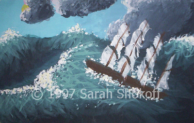 a sailing ship in rough waters leaving behind a storm