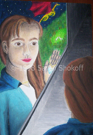 self portrait of Sarah Shokoff reflection in a mirror in a dark hallway. Mirror reflects fantasy land with flying dragon, star filled sky and unicorns in forest